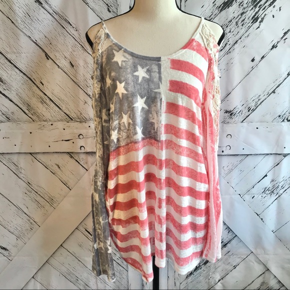 T Party Fashion Tops - American Flag Long Sleeve Tunic Lace Shoulders
